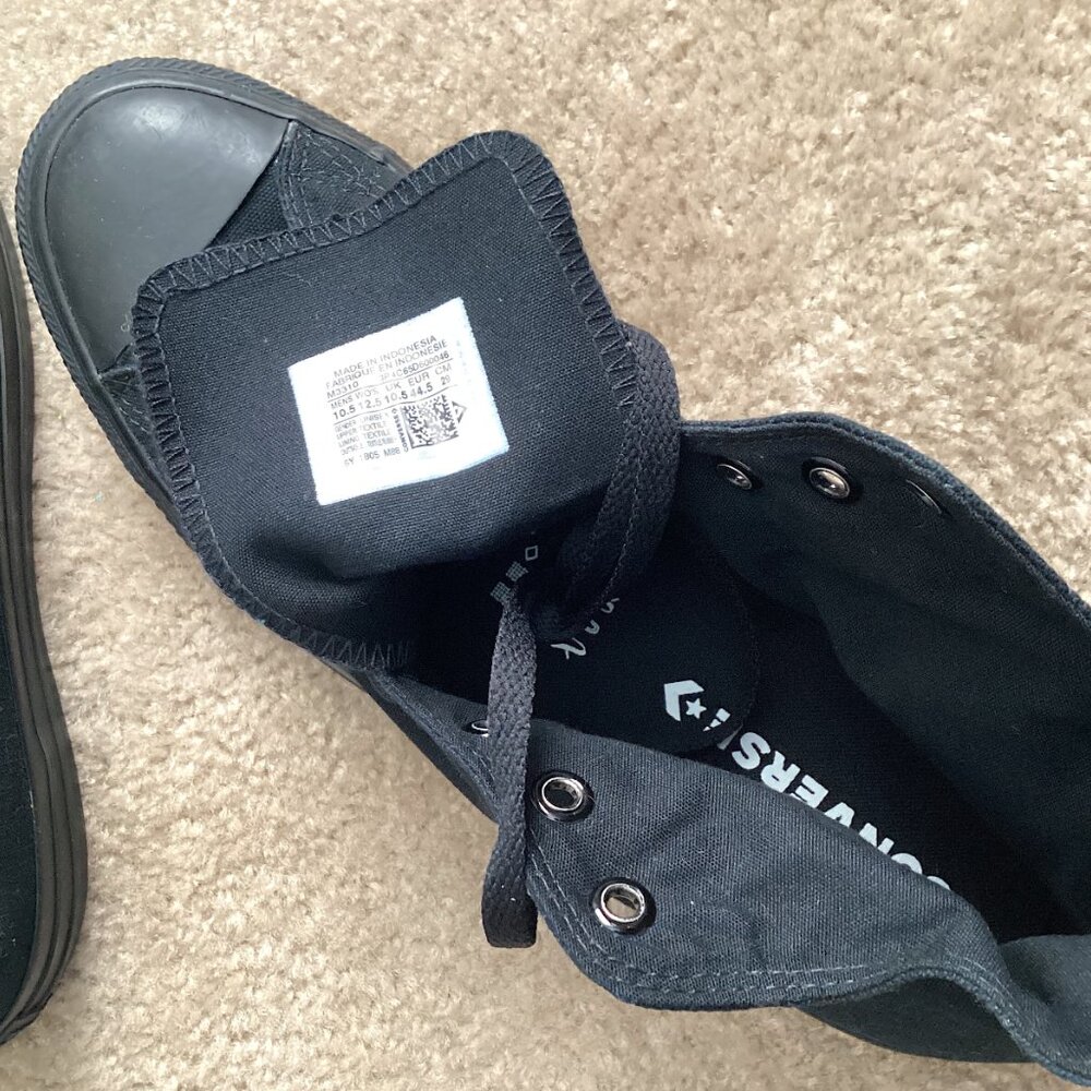 Converse All Black High Top Shoes, New WO Tags, Size 10.5 Men,12.5 Women Unisex - Picture 3 of 5